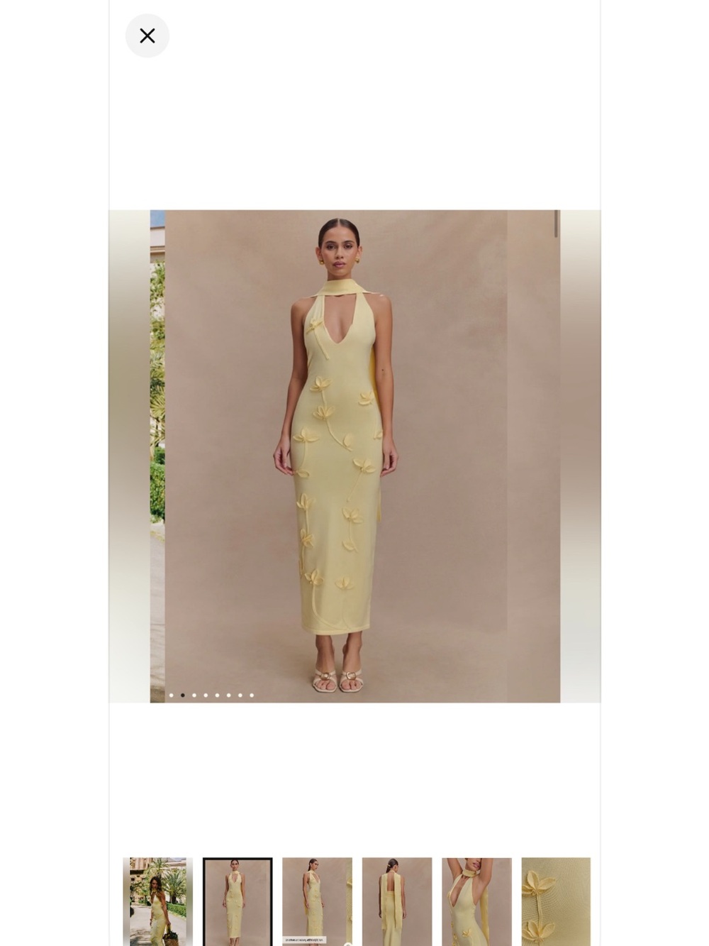 Meshki Pale Yellow Floral Appliqué Halter Midi Dress